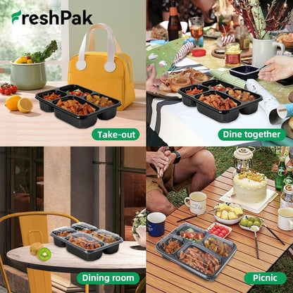 Meal Prep Container Reusable 40 Pack 34oz - Shrink Wrap Leakproof | Portion Control Leftover Plastic Food Containers with Lid | BPA Free Freezer & Microwave Safe | 4 Compartment Takeout Boxes
