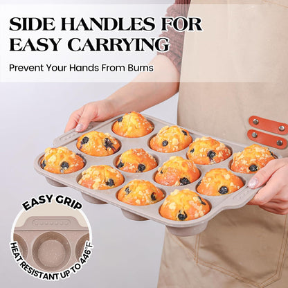2 Pcs Silicone Muffin Pans for Baking with Metal Reinforced Frame, Nonstick Cupcake Tray for Oven, 12 Cups Regular Size Silicone Molds for Egg Bites, Dishwasher Safe (Brown, Cream)
