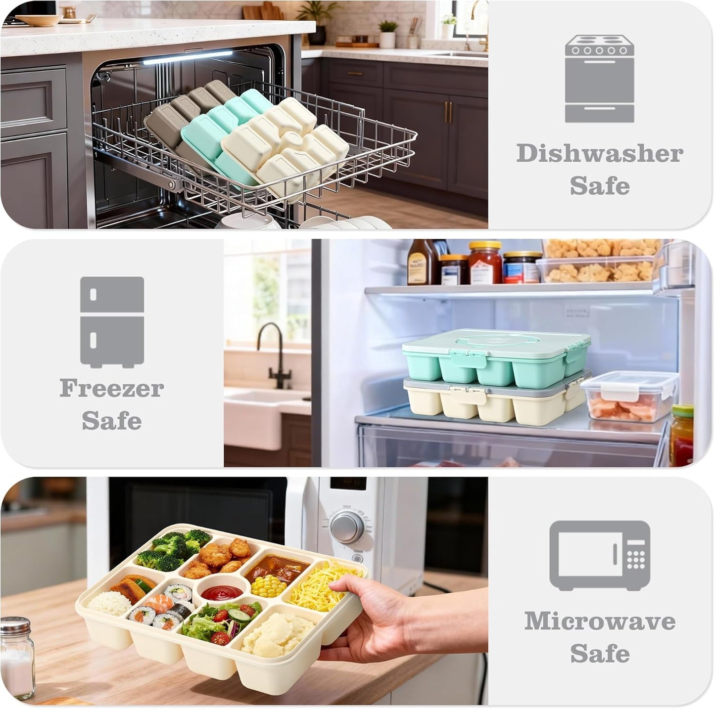 Snackle Box Container, Divided Serving Tray with Lid and Handle, 9 Compartments Snack Box Container for Adults, Portable Charcuterie Serving Platter for Candy Fruit, 9.9 Cups, White Grey