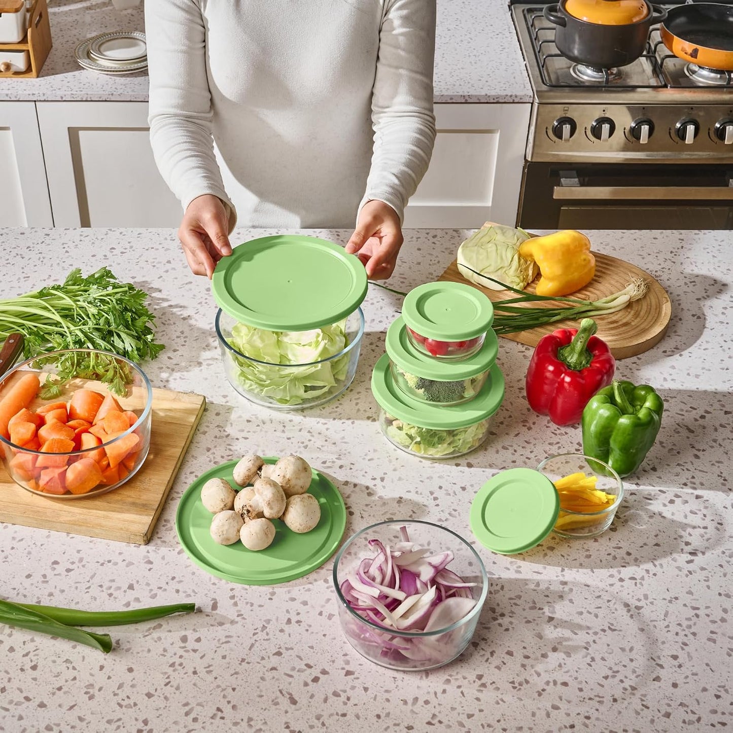 6-Piece Glass Food Storage Containers Set (3 Containers + 3 BPA-Free Lids) | 2-Cup, Leakproof | Microwave, Freezer, Oven & Dishwasher Safe | Ideal for Meal Prep & Pantry Organization, Pistachio