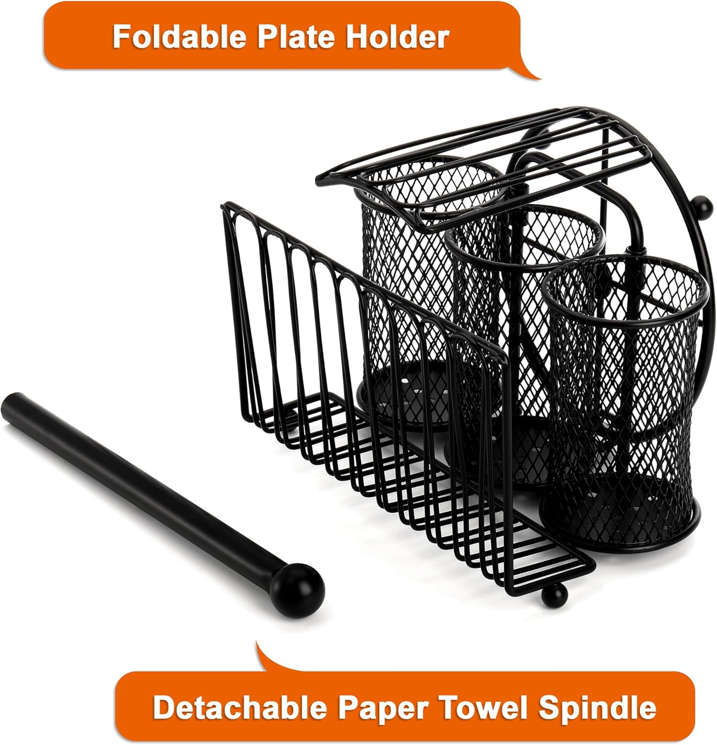 Elsjoy Picnic Utensil Holder Caddy with Handle & Paper Towel Holder, Metal Silverware Organizer Portable Flatware Holder for Cutlery, Fork, Spoon, Plate, Napkin