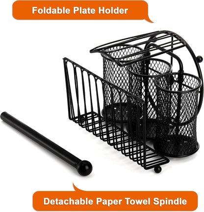 Elsjoy Picnic Utensil Holder Caddy with Handle & Paper Towel Holder, Metal Silverware Organizer Portable Flatware Holder for Cutlery, Fork, Spoon, Plate, Napkin