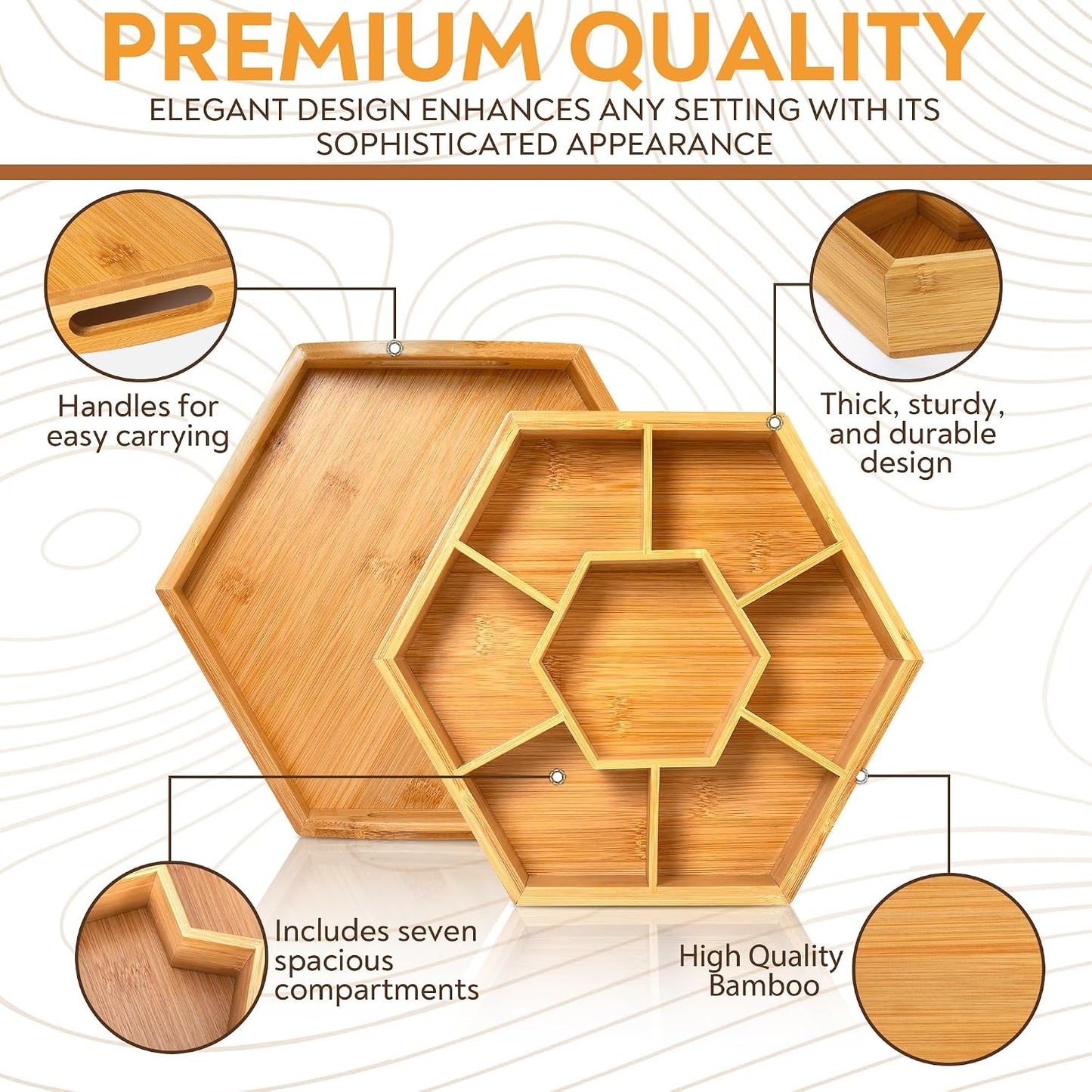 Snack and Serving Tray Set – 13" Divided Bamboo Appetizer Platter for Dry Fruit, Nuts, Cheese and Charcuterie (Bamboo, 13"x11")