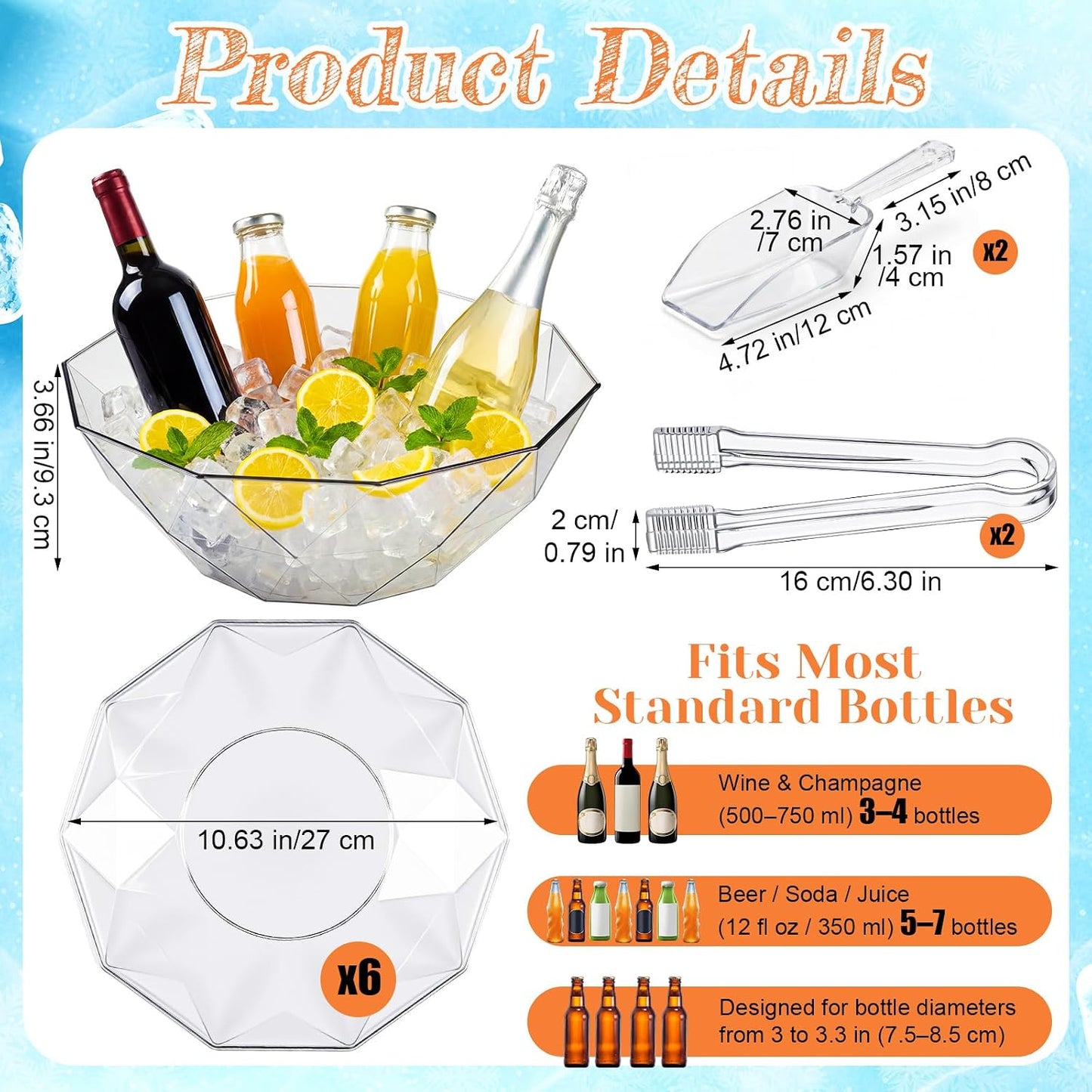 LemonRoad 6 Pcs 4l Clear Plastic Ice Buckets for Parties Beverage Tubs for Cocktail Acrylic Wine Champagne Buckets with 2 Scoops 2 Clamp Drink Cooler Bucket for Parties, Mimosa Bar Supplies, Beer