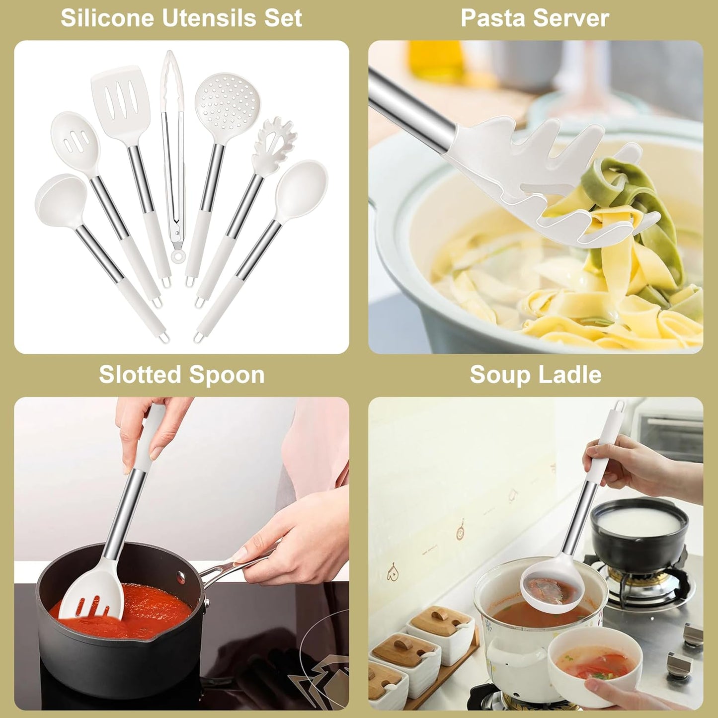 E-far Silicone Cooking Utensils Set, 7 Pcs Heat Resistant Kitchen Utensils with Stainless Steel Handle, Slotted Turner, Spoon, Soup Ladle, Pasta Server, Skimmer, Tongs for Nonstick Cookware, Black