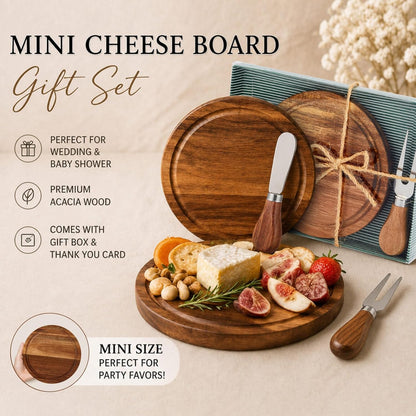 Maxcheck 6 Sets Baby Shower Bridal Game Prizes for Winners Round Cheese Board Set Wood Mini Charcuterie Board with Knives and Forks Thank You Card with Gift Box for Guests Wedding (Bamboo)