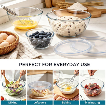 E-far Glass Mixing Bowls with Airtight Lids Set of 3, 4.8,2.9,0.8 Qt Clear Glass Salad Bowls for Cooking Prep Baking Serving, Large Nesting Bowls for Storage Sourdough Proofing, Dishwasher Safe