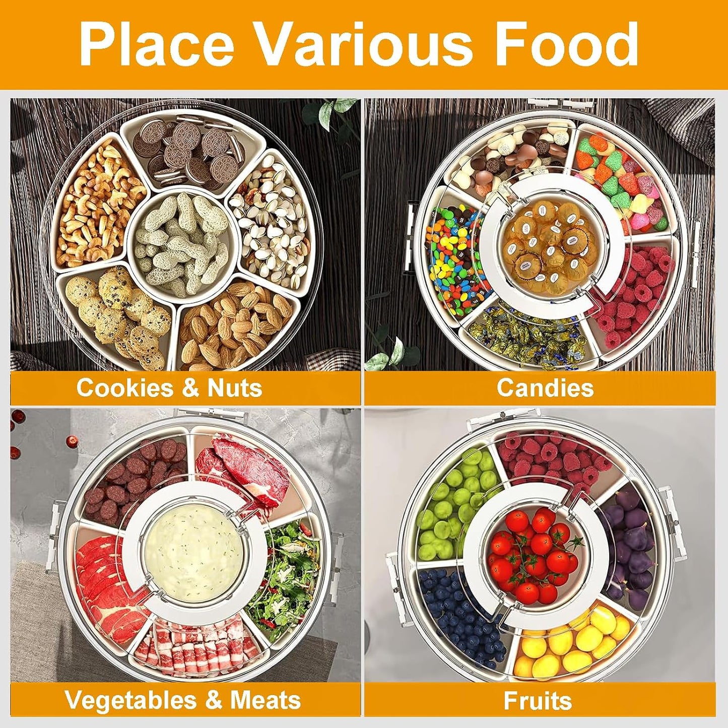 Divided Serving Tray with Lid and Handle, 360° Rotating Snackle Box Container, Stackable Storage Box for Fruit Candy Veggie Spice, Portable Organizer for Kitchen Party Travel Picnic, 10.63x2.95 Inch