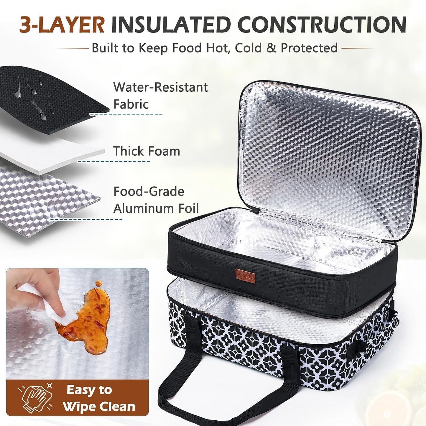 Double Layer Insulated Casserole Carrier, Fits 9" x 13" Baking Dish, Food Transport Carrier with Utensil Pocket for Hot & Cold Dishes, Reusable Potluck Tote for Thanksgiving, Parties&Family Gatherings