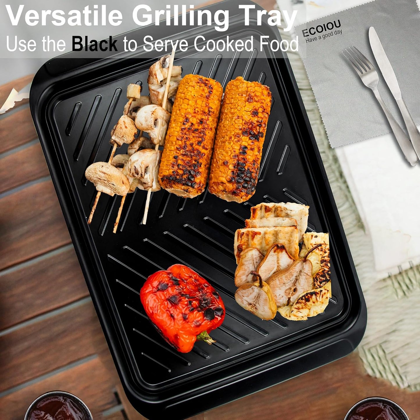 ECOIOU Grilling Prep and Serving Tray with Lid Set and Large Grilling Prep Trays, Black and Red