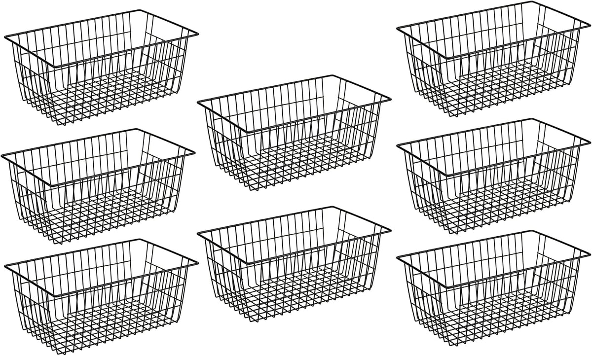 SANNO Freezer Baskets for Storage Pantry Large Metal Wire Food Storage Organizer Bin Basket with Handles - for Kitchen Cabinets, Pantry, Bathroom, Laundry Room, Closets, Garage - Chrome，2 pack