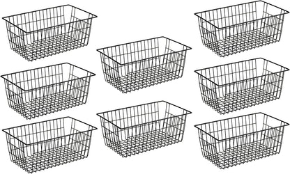 SANNO Freezer Baskets for Storage Pantry Large Metal Wire Food Storage Organizer Bin Basket with Handles - for Kitchen Cabinets, Pantry, Bathroom, Laundry Room, Closets, Garage - Chrome，2 pack