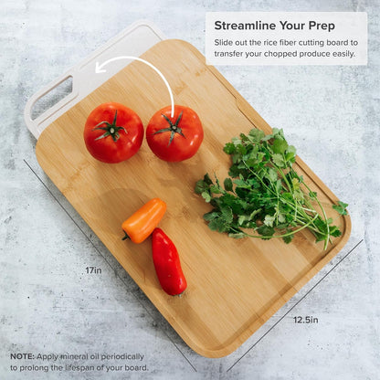 KitchenEdge Premium Acacia Cutting Board with Nesting Rice Fiber Chopping Board for Cooking Prep, 2 Piece Kitchen Set, Non-Slip Feet with Juice Groove, Heavy Duty, Pre Oiled, 17” x 12.5”