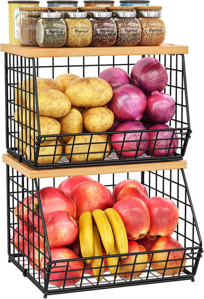3 Pack Extra Large Fruit Basket for Kitchen with Wood Lid Nameplate - Counter&Wall Mounted Onion and Potato Storage Bin, Stackable Metal Hanging Wire Baskets,15.74 * 8.66 * 10.63 inch