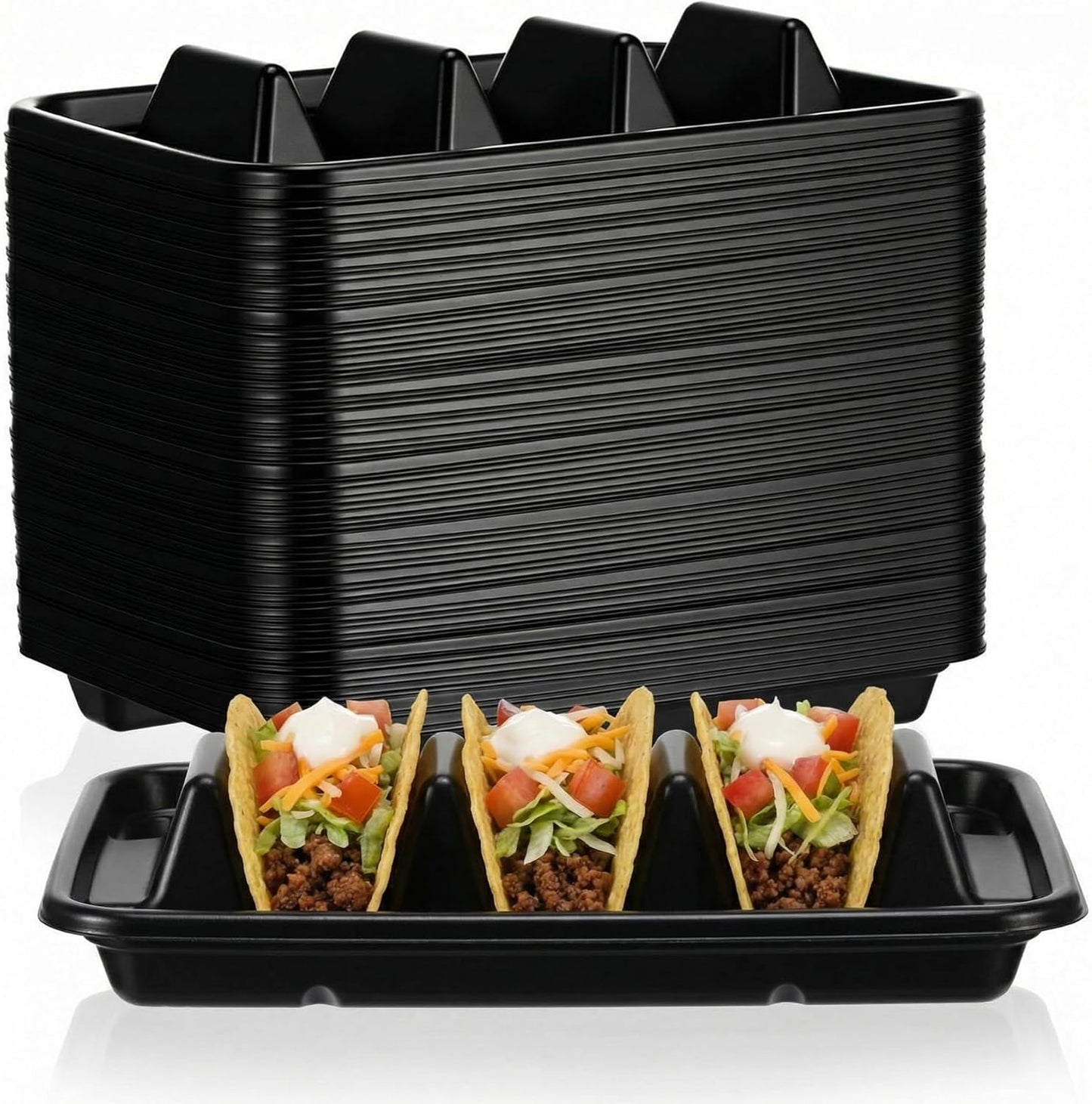 Baderke 100 Pcs Disposable Taco Holders for Party, Disposable Plastic Taco Plates with 3 Dividers, Premium PP Tacos Tray Serving Set for Tacos Tuesday, Fiesta Party Bar Supplies
