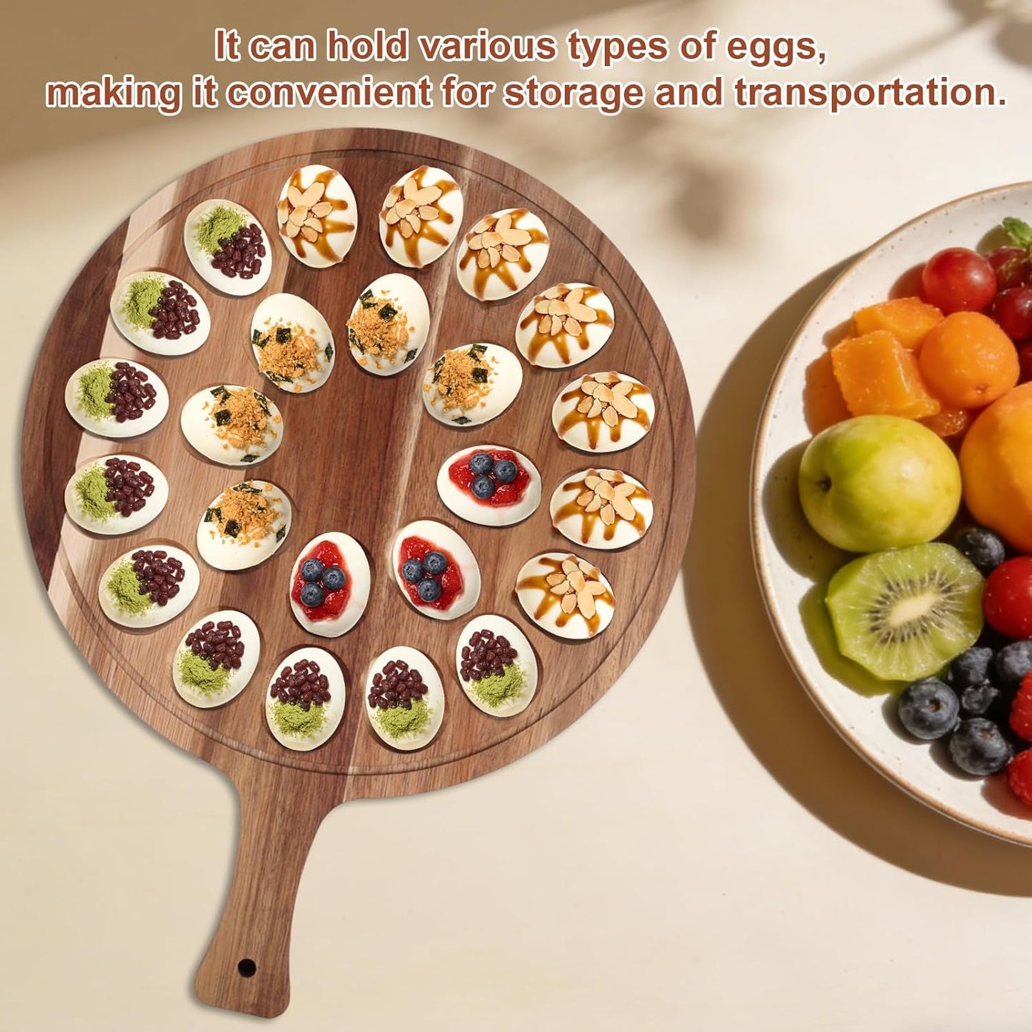 Deviled Egg Containers with Lid & Handle, Round 24 Holes Plate Wooden Carrier Deviled Egg Platter Serving Tray Food Containing Holder Dish for Home Party Supply