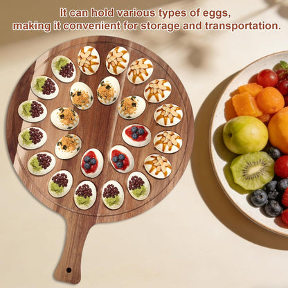 Deviled Egg Containers with Lid & Handle, Round 24 Holes Plate Wooden Carrier Deviled Egg Platter Serving Tray Food Containing Holder Dish for Home Party Supply