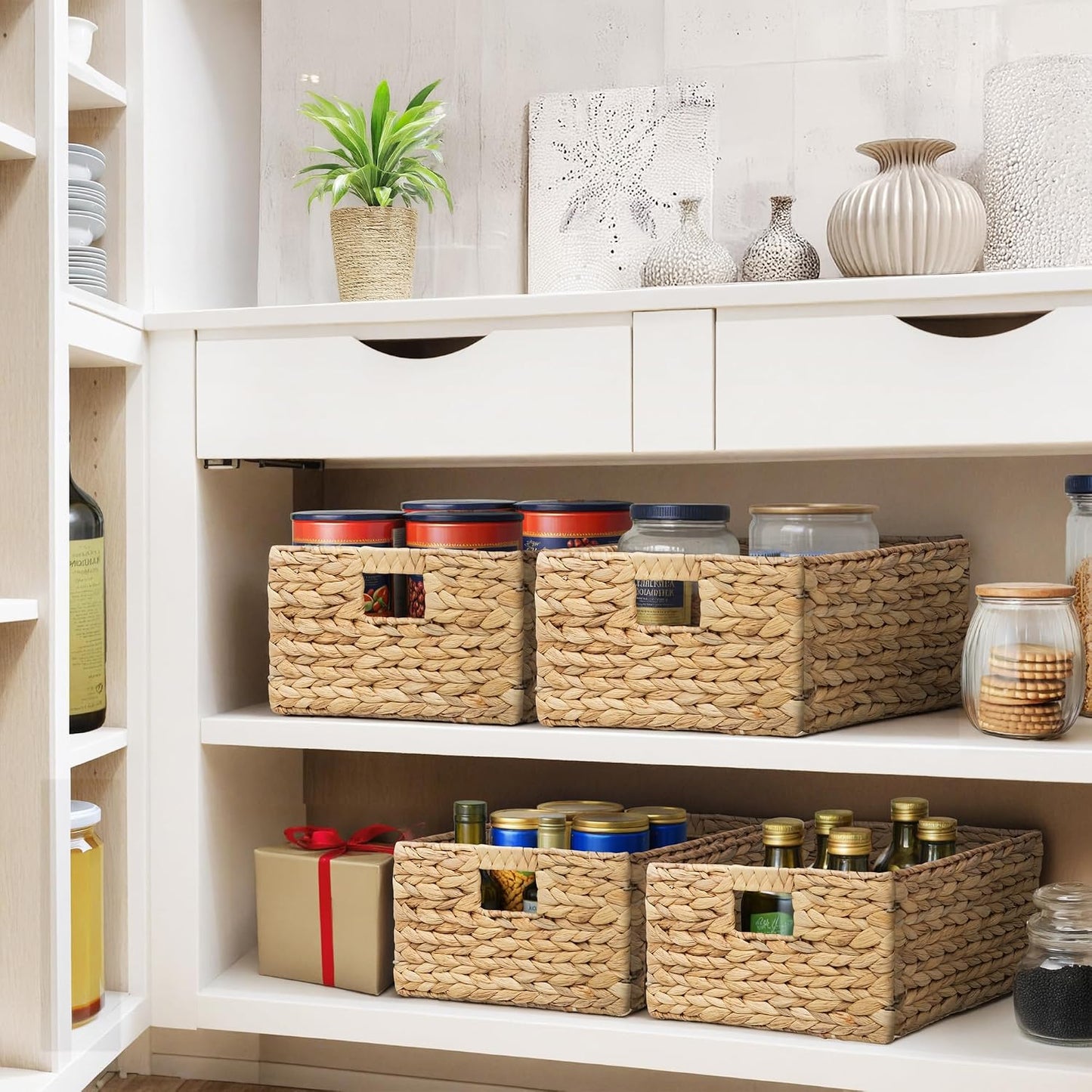 eHemco Trapezoid Woven Hyacinth Wicker Pantry Storage Baskets with Iron Wire Frame, 13.25"x9"x7/3.5", Natural, Set of 2