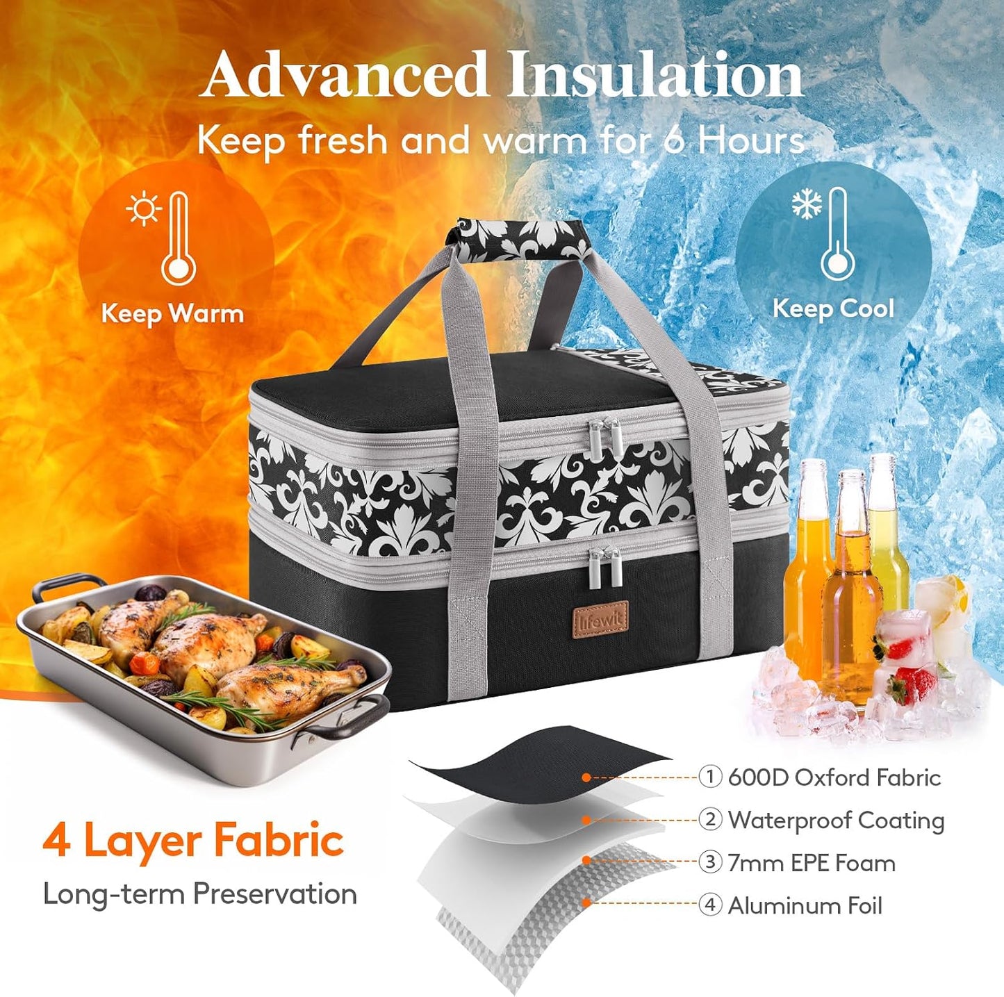 Lifewit Insulated Double Decker Casserole Carrier, Expandable Lasagna Lugger Tote Bag for Hot or Cold Food, Fits 9" x 13" Baking Dish for Potluck Parties, Picnic and Cookouts, Grey-Geometric