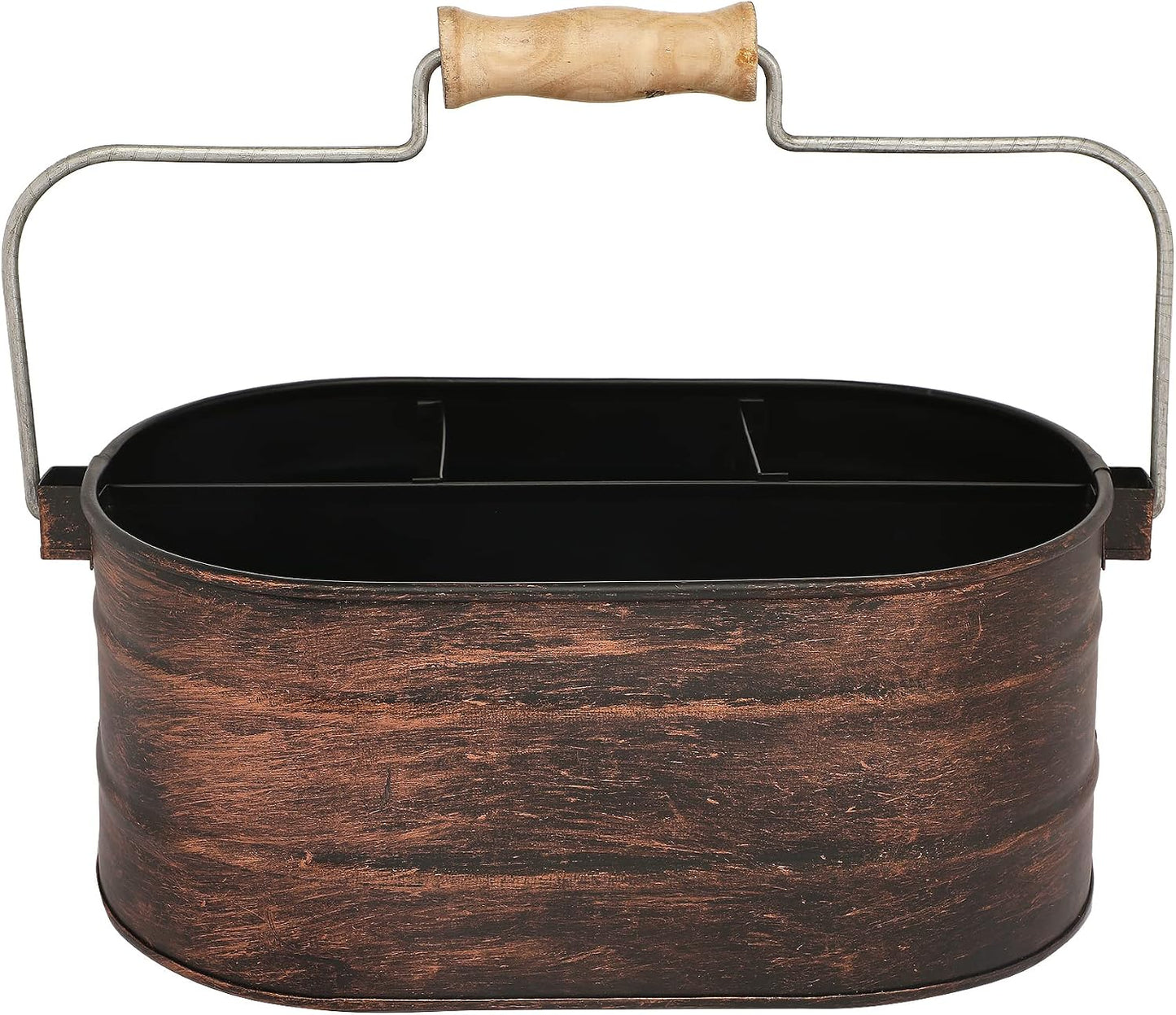 Galvanized Metal Caddy with 4 Compartments, Rustic Farmhouse Kitchen Picnic Utensil Holder, Multipurpose Storage Bin, Metal Garden Planters - 12 Inch - Antique Natural