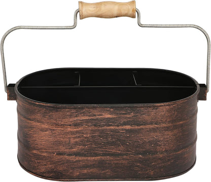 Galvanized Metal Caddy with 4 Compartments, Rustic Farmhouse Kitchen Picnic Utensil Holder, Multipurpose Storage Bin, Metal Garden Planters - 12 Inch - Antique Natural