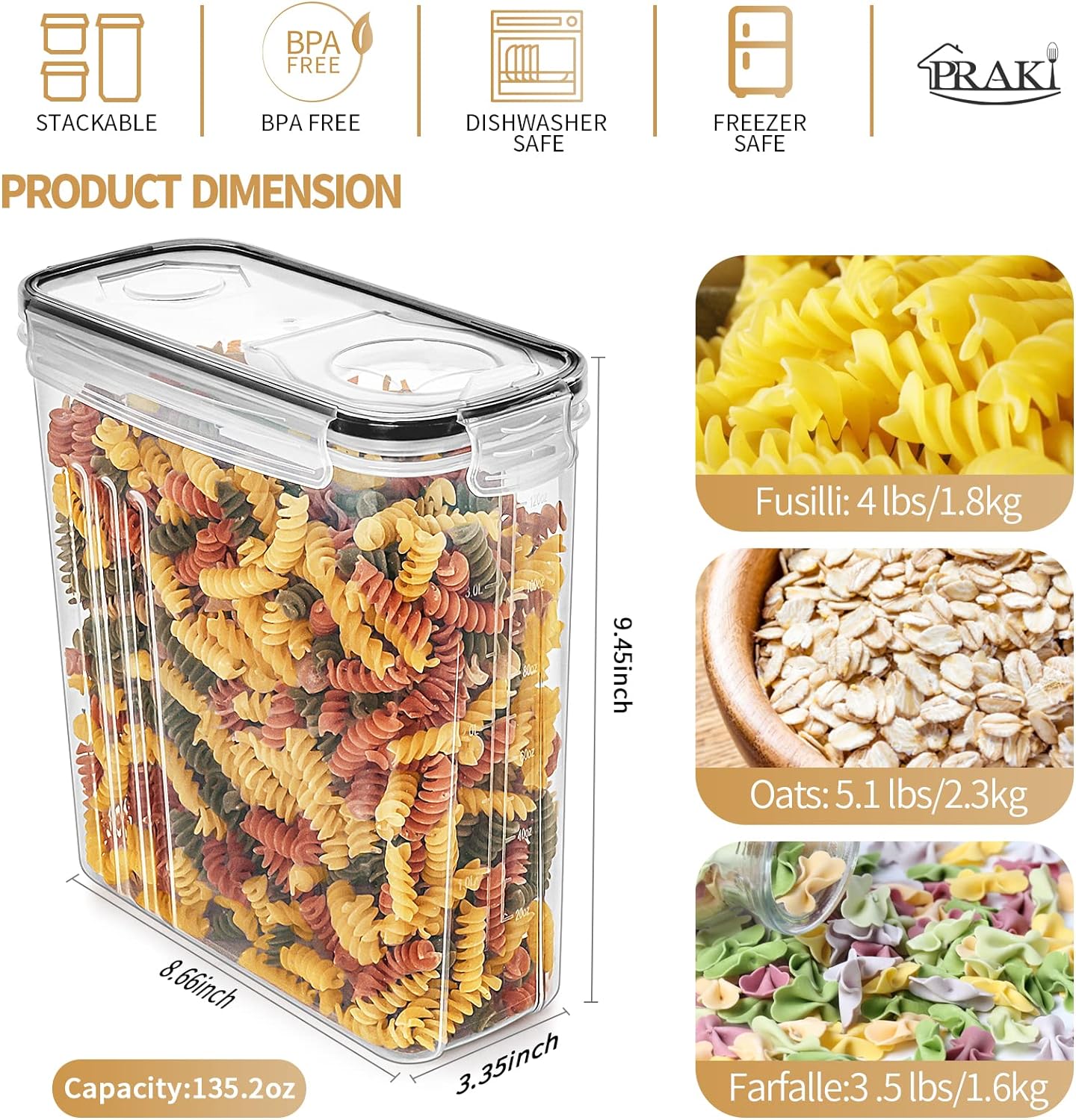 PRAKI Large Dry Food Storage Containers with Lids, 6PCS Airtight Cereal Containers Storage Set, Leak-proof Canister Set for Kitchen Pantry Organization with 20 Labels & Marker (4L Black)