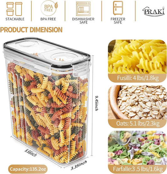 PRAKI Large Dry Food Storage Containers with Lids, 6PCS Airtight Cereal Containers Storage Set, Leak-proof Canister Set for Kitchen Pantry Organization with 20 Labels & Marker (4L Black)