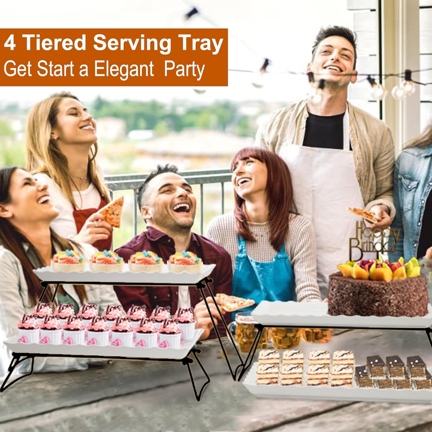 KAQAHIDO Extra Large 4 Tier Serving Tray Set, 34x22x10 inch Wave Edge Melamine Dessert Table Display Set, Tiered Trays Stand for Party Buffet Entertaining, Gold and White
