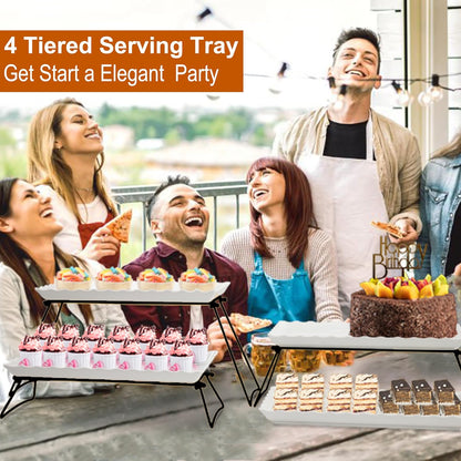 KAQAHIDO Extra Large 4 Tier Serving Tray Set, 34x22x10 inch Wave Edge Melamine Dessert Table Display Set, Tiered Trays Stand for Party Buffet Entertaining, Gold and White