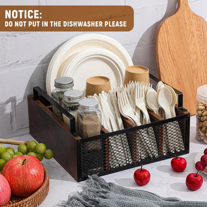 Mimorou Farmhouse Wooden Napkin Paper Plate and Utensil Holder Caddy Kitchen Utensil Holder Farmhouse Rustic Cutlery Flatware Organizer for Party Caddy Spoon Forks Napkins(Distressed White)