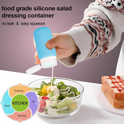 5Pcs Condiment Squeeze Bottles, 2 OZ Salad Dressing Container To Go, BPA-Free Dressing Bottle (with Cleaning Brush & Spice Labels), Leakproof Sauce Containers for Lunch Box, Travel Size Squeeze Bottle