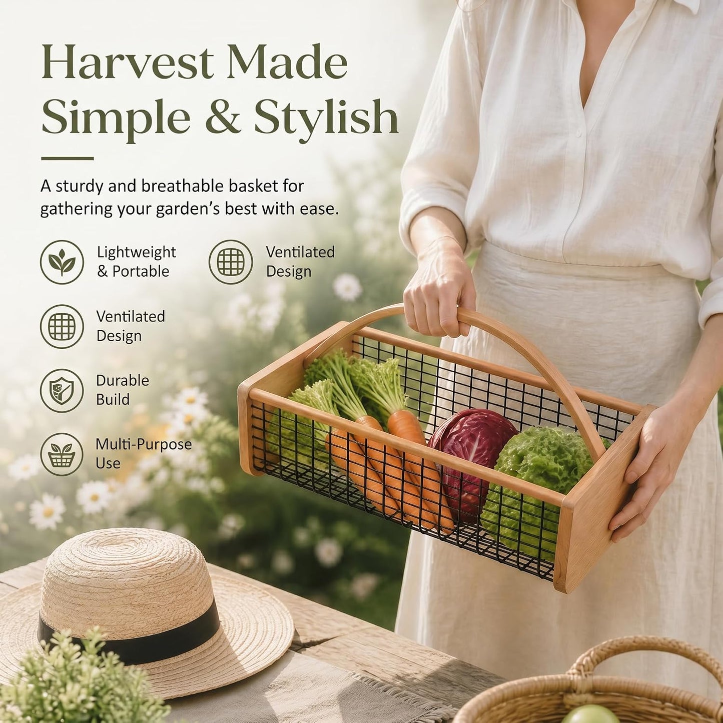Garden Harvest Basket for Gathering Vegetables, Fruits & Flowers – Durable Wooden Hod with Rotating Handle, Coated Wire Mesh Produce Caddy for Rinsing, Draining & Farmhouse Decor