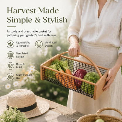 Garden Harvest Basket for Gathering Vegetables, Fruits & Flowers – Durable Wooden Hod with Rotating Handle, Coated Wire Mesh Produce Caddy for Rinsing, Draining & Farmhouse Decor