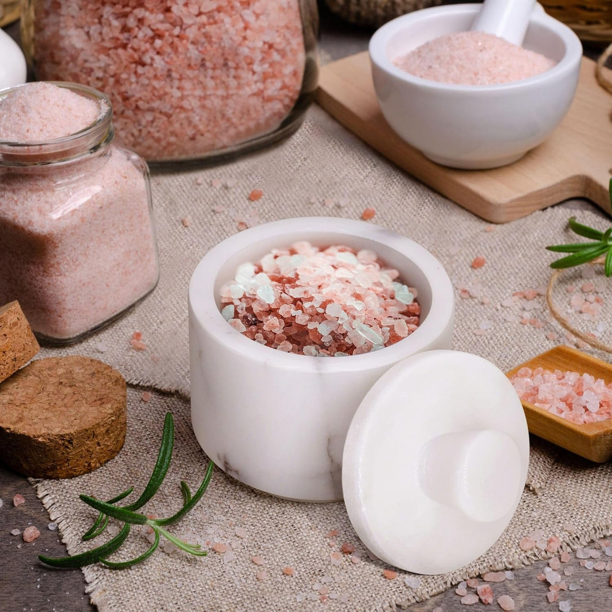 Flexzion Marble Salt Cellar with Lid, Salt Holder for Counter, White