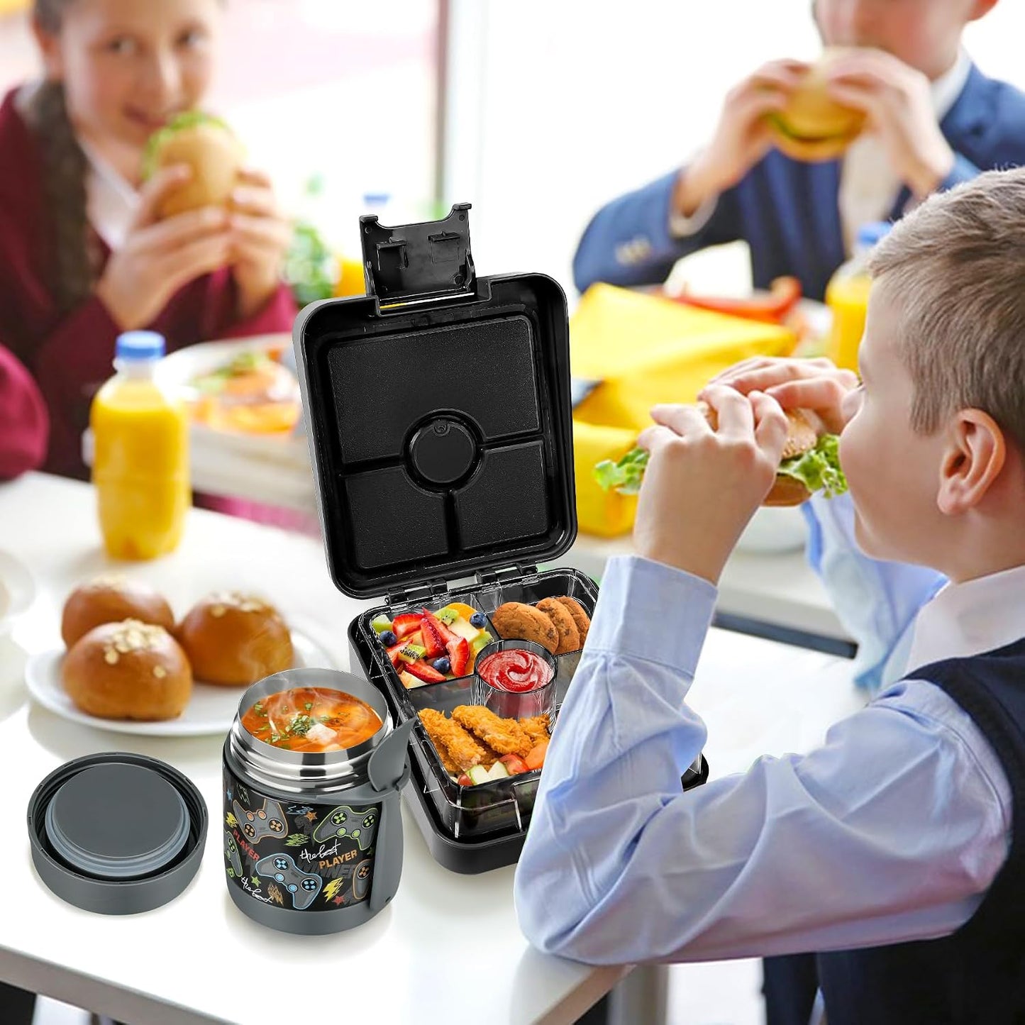 Pawtong Bento Lunch Box Set With 10oz Soup Thermo, Leak-proof Lunch Containers with 4 Compartment, Kids Hot Thermo Food Jar/Insulation Lunch Bag, Food Containers for School（Dinosaur）