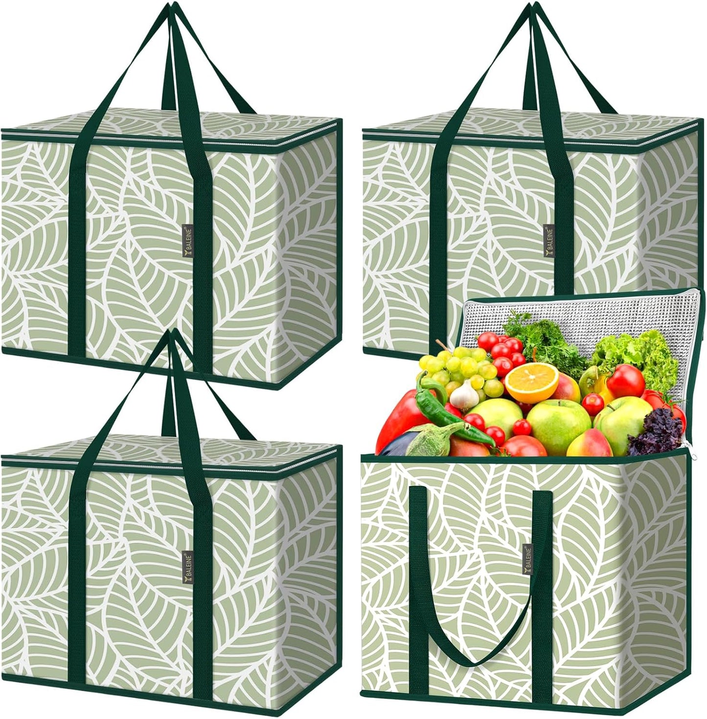 BALEINE 2Pk Insulated Reusable Grocery Bags, Collapsible Cooler Bag for Groceries, Heavy Duty Large Insulated Bag (16''x9''x13'', Antique Foliage)