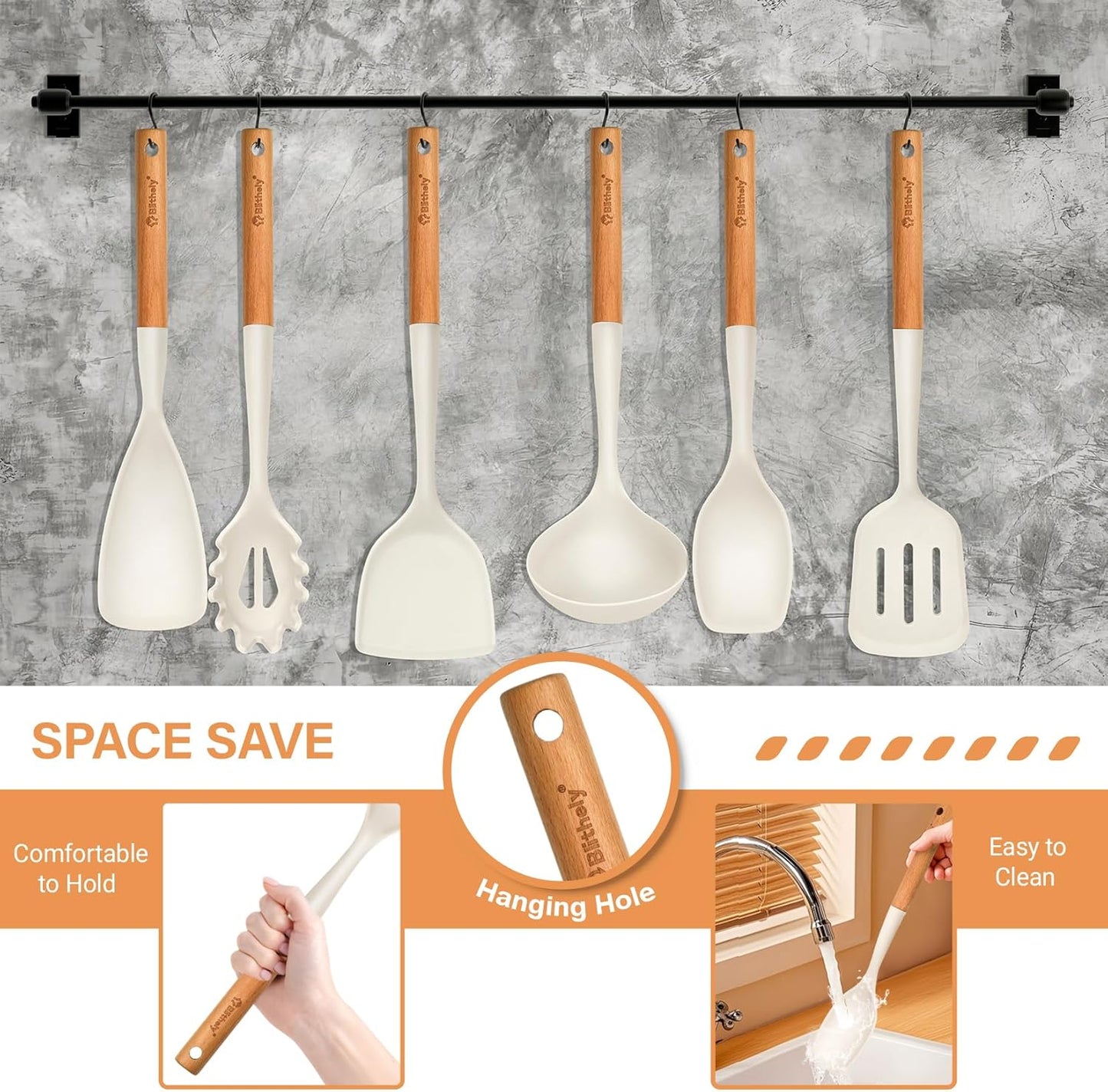 Large Silicone Kitchen Utensils Set, 6 PCS Nonstick Cooking Utensils Set with Wooden Handle, Heat Resistant and BPA Free Silicone Utensil Spatula Set for Cooking with Turner, Spoon and Ladle(Black)