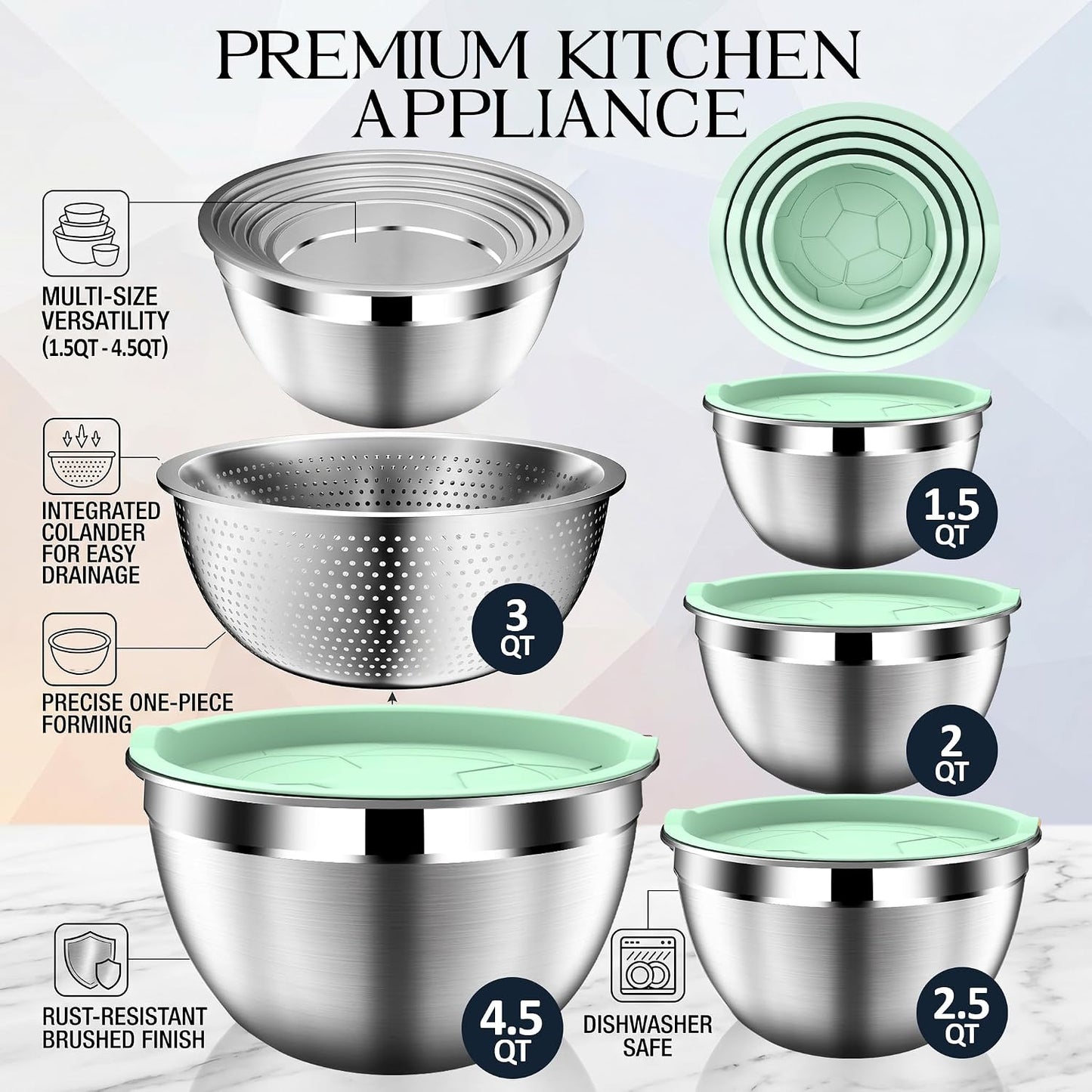 DUTZUN Mixing Bowls with Lids Set - 16pcs Stainless Steel Mixing Bowl Set with Colander, 3 Grater Attachments, Non-Slip Bottom, Metal Nesting Bowls with Strainer for Mixing & Serving - Black