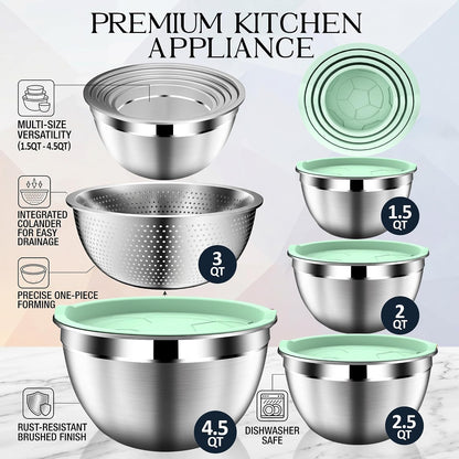 DUTZUN Mixing Bowls with Lids Set - 16pcs Stainless Steel Mixing Bowl Set with Colander, 3 Grater Attachments, Non-Slip Bottom, Metal Nesting Bowls with Strainer for Mixing & Serving - Black