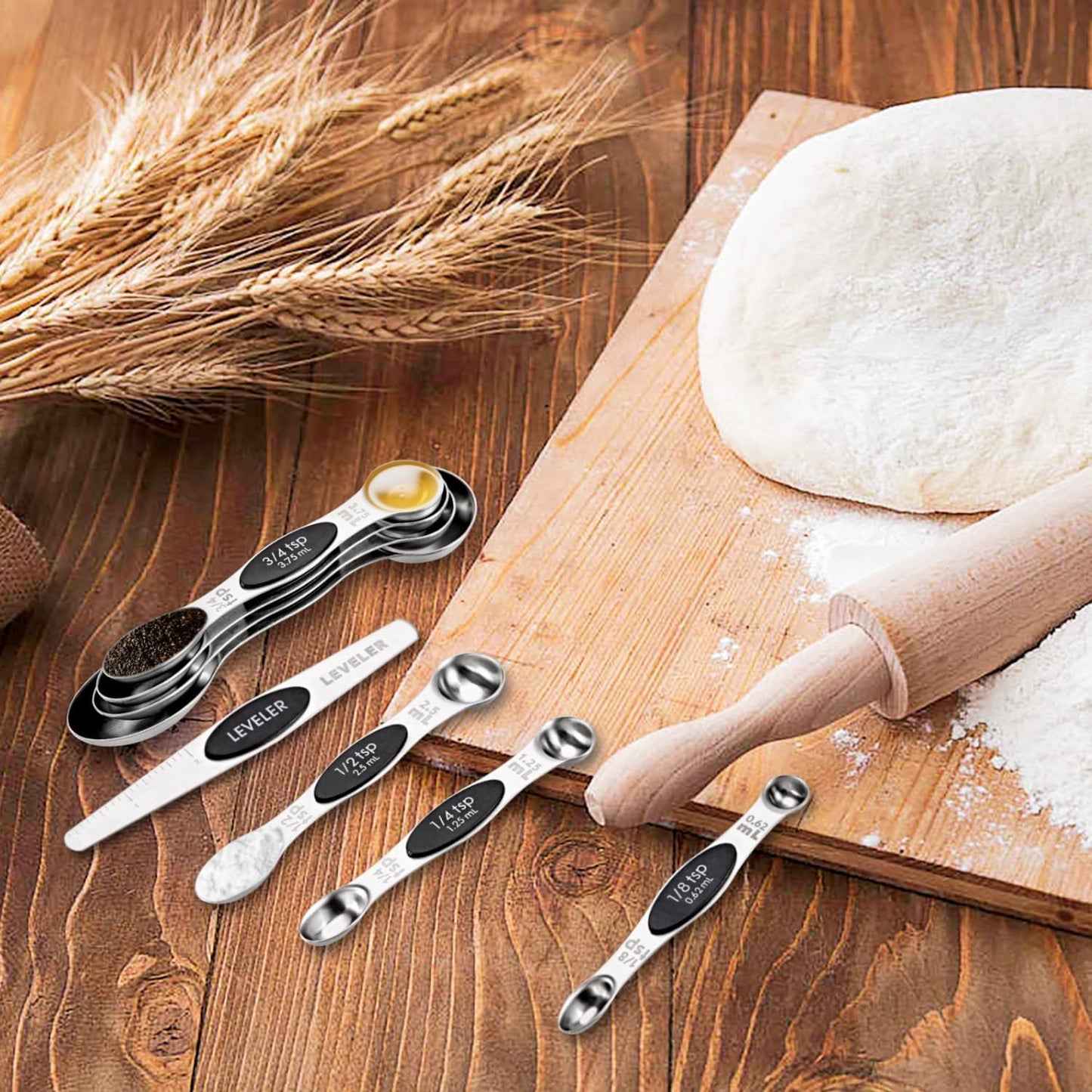 EDELIN Magnetic Measuring Cups and Spoons Set, Stainless Steel 7 cup and 7 spoon with 1 Leveler, 18/8 304 stainless steel (Black 15 sets)