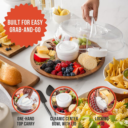 Chef Pomodoro Travel Charcuterie Board With Lid, Serving Tray, Portable, Covered Tray With Lid, Cheese Platter, Wood Grazing Board With 6 Compartments 14.4 X 11.4 in (36.7 X 29 cm)
