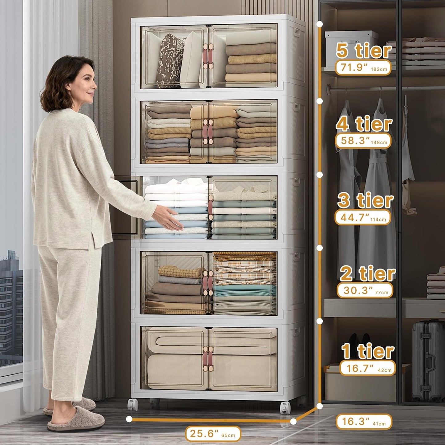 UAMFURI 720QT Stackable Storage Bins with Lids, Extra Large Storage Cabinet with Doors and Wheels, Collapsible Plastic Storage Box for Bedroom Dorm Office Garage