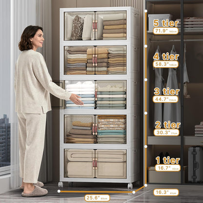 UAMFURI 720QT Stackable Storage Bins with Lids, Extra Large Storage Cabinet with Doors and Wheels, Collapsible Plastic Storage Box for Bedroom Dorm Office Garage