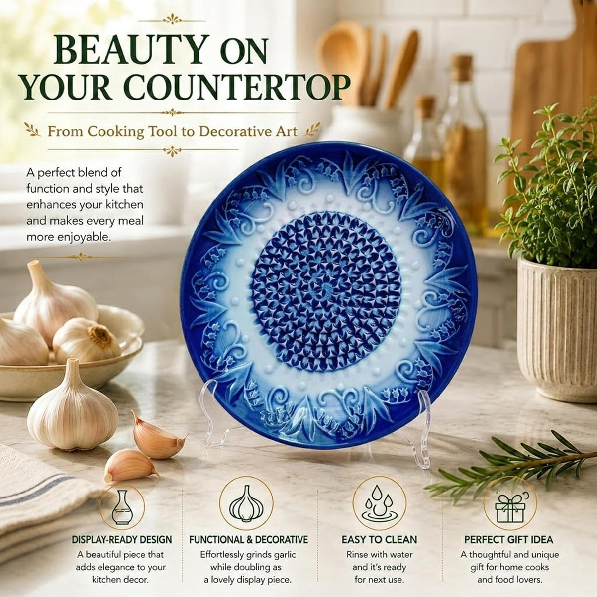 Ceramic Garlic Grater Plate Set with Rack, Peeler & Improved Brush (Blue)