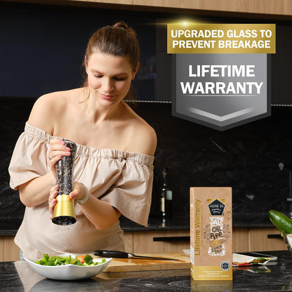 Home EC Premium Stainless Steel Sea Salt and Pepper Grinder Set of 2 - Adjustable Ceramic - Tall Glass Salt and Pepper Shakers - Kitchen Spice Mill W/Funnel & EBook