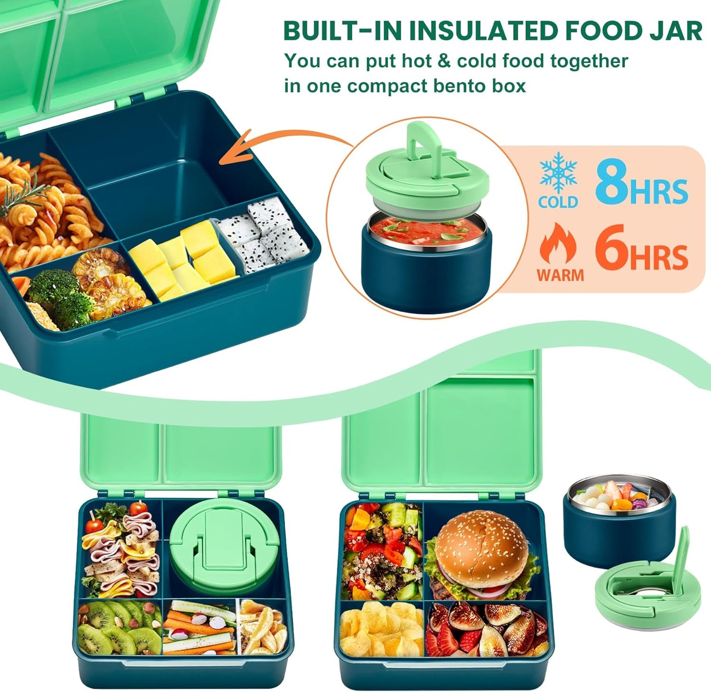 Bento Lunch Box with 8oz Soup Thermo,Kids Leakproof 4 Compartment Lunch Food Containers with Sauce Cup and Ice Pack,Kids Thermo Insulated Hot Food Jar and Lunch Bag for School,Trvael-Black