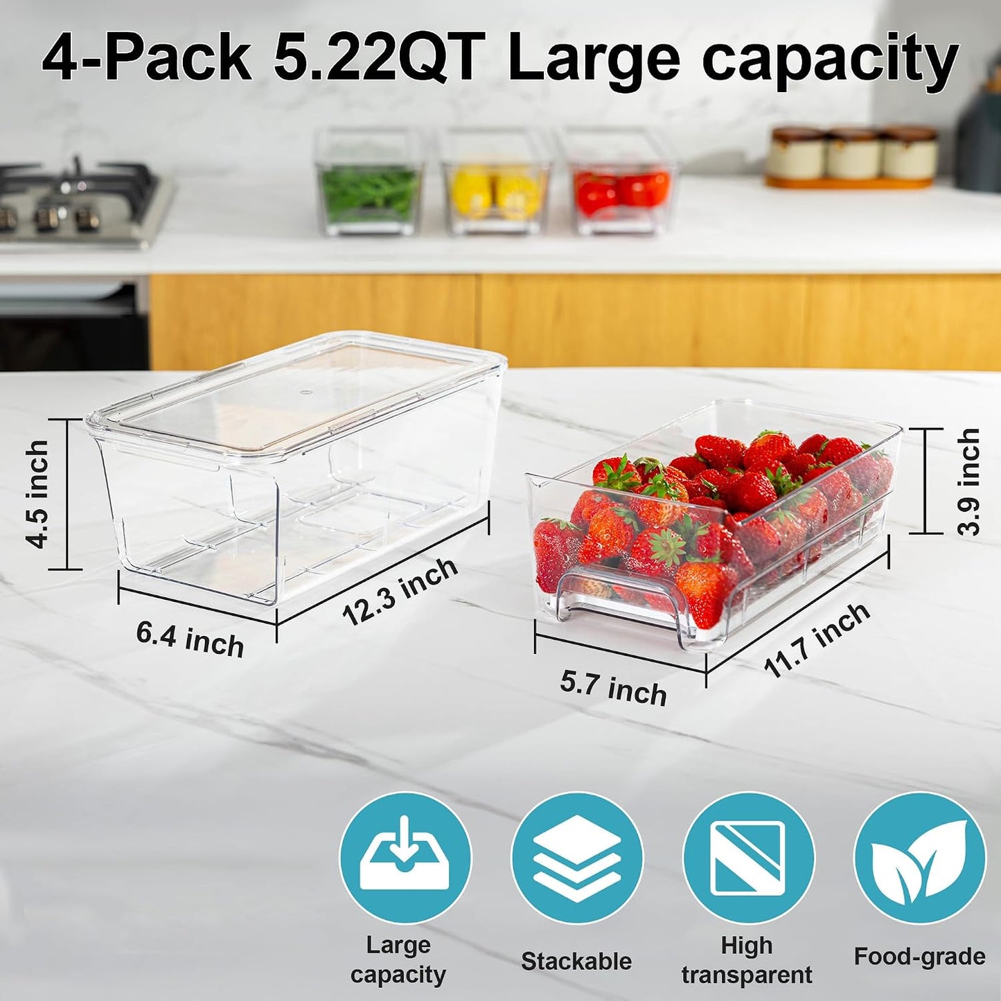 4-Pack Stackable Fruit Storage Containers for Fridge, Clear Pull-Out Drawer Organizer Bins with Lids & Drain Tray, Keep Fresh, Removable Refrigerator Container for Berry, Veggie, Drinks, Food