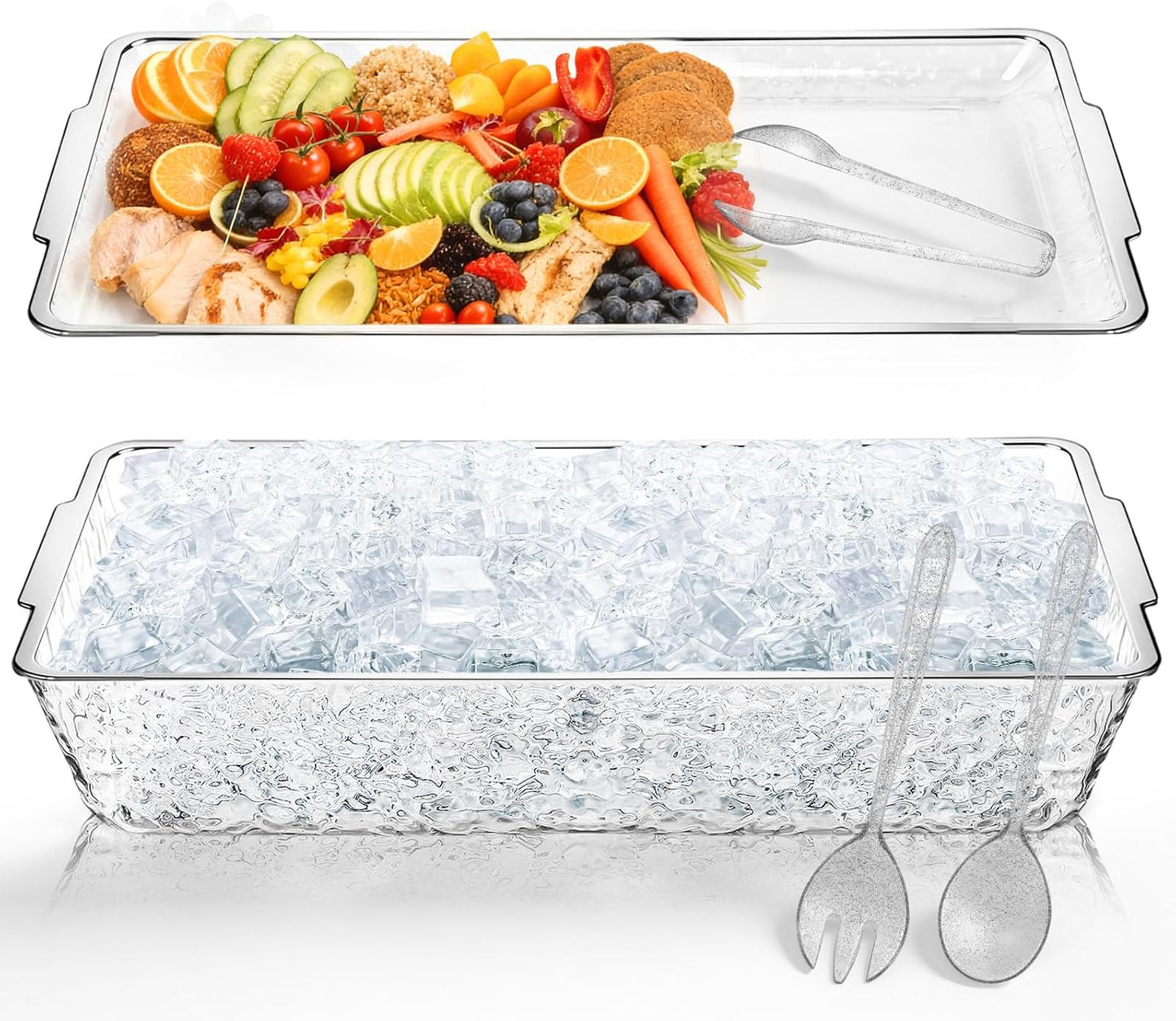 Baderke 16" x 9" Chilled Serving Tray for Parties with Compartments Ice Chilled Party Crudite Platter Charcuterie Serving Board Cold Dish Dip with Tableware for Seafood Vegetable(Silver Glitter)