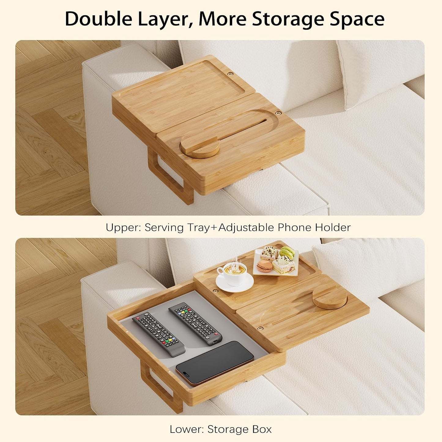 Bamboo Couch Arm Tray, 2 Rotating Trays with 360° Phone Holder & Storage Box, Natural Adjustable Clip On Sofa Table for Snacks, Drinks, Fits Wide Armrests (Up to 10")
