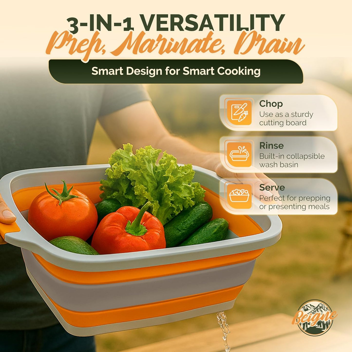XL BBQ Prep Tub with Lid, XL Collapsible Marinating Container & Cutting Board - Foldable Food Basin for Meat - Grill Prep Station for Outdoor Cooking, Camping, BBQ, Food Storage Tray - 16L